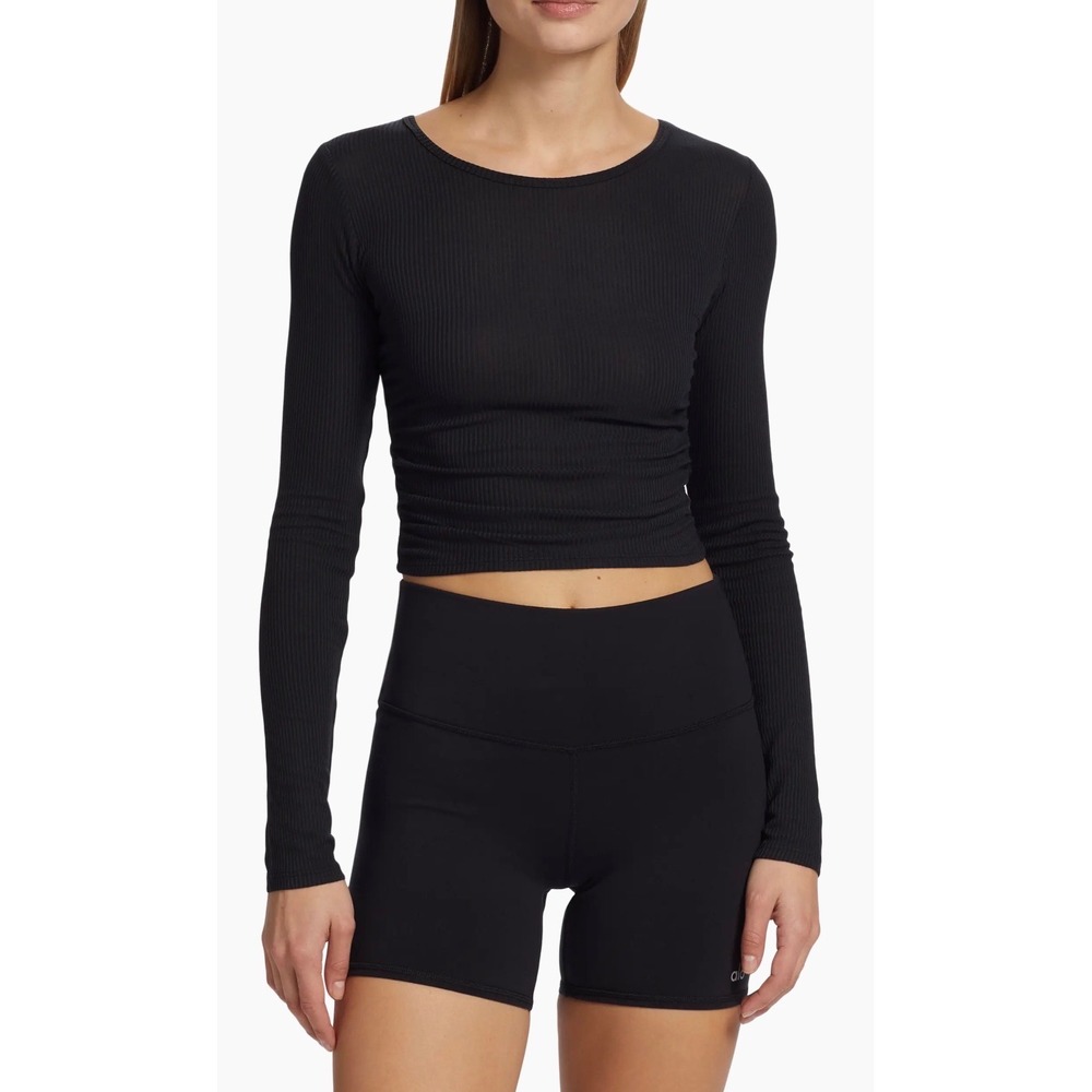 Alo Yoga Womens Black Ribbed Long Sleeve Ruched Side Crop Top Size S W1369R